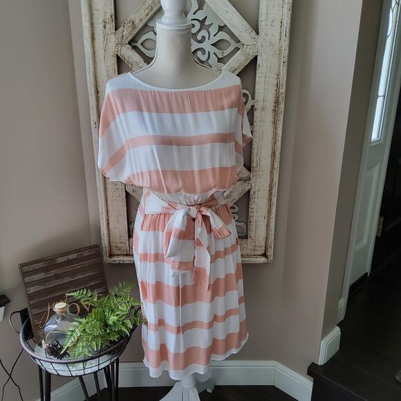 Oddy Women's Short Sleeve Dolman T-Shirt Tie Elastic Waist Midi Dress in Peach - Picture 2 of 9